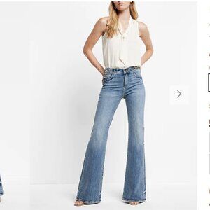 Express Mid Rise Medium Wash Horse Bit 70's Flare Jeans Size 14 Regular